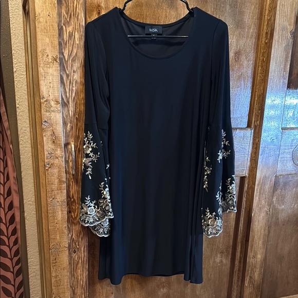 MSK Black and Gold Sheath Dress with Embellished Bell Sleeves - Picture 1 of 6